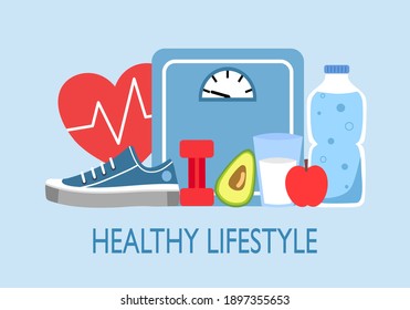 Healthy lifestyle concept vector illustration on blue background. Good food, fitness exercise, healthcare and relaxation in flat design. Keep healthy everyday.