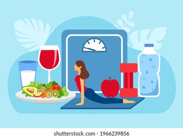 Healthy lifestyle concept vector illustration. Woman doing yoga with healthy food, fruit, juice, water and fitness dumbbell in flat design. Wellness, exercise and relaxation.