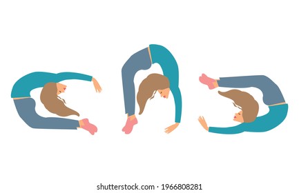 Healthy lifestyle concept. Vector illustration of a girl who practices yoga in different poses. 