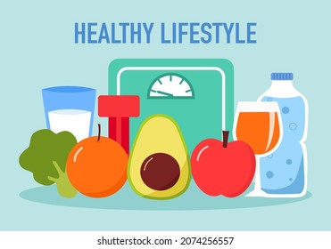 Healthy lifestyle concept vector illustration. healthy food, fruit and vegetables, milk, juice, dumbbell and balance in flat design. Wellness, exercise and relaxation.