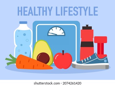 Healthy lifestyle concept vector illustration. healthy food, fruit and vegetables, water, dumbbell, sport shoe and balance in flat design. Wellness, exercise and relaxation.