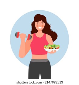 Healthy lifestyle concept vector illustration. Young woman holding dumbbell and salad dish in flat design.