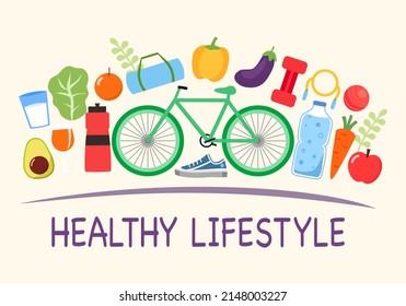 Healthy lifestyle concept vector illustration. Good food and drink, fitness exercise, healthcare and relaxation in flat design. Keep healthy everyday.