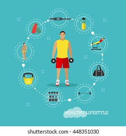 Healthy lifestyle concept vector illustration in flat style. Fitness and sport equipments. Man with dumbbells. Gym design elements and icons.