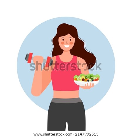 Healthy lifestyle concept vector illustration. Young woman holding dumbbell and salad dish in flat design.