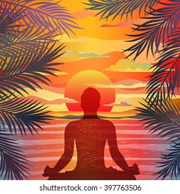 Healthy lifestyle concept. Vector sunset background with silhouette of man practicing yoga in the lotus position. Yoga exercises and recreation.