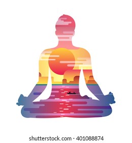 Healthy lifestyle concept. Vector sunset background with silhouette of man practicing yoga in the lotus position. Yoga exercises and recreation.