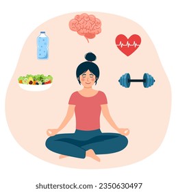 Healthy lifestyle concept vector. Woman sitting in lotus position surrounded by icons of health care, active lifestyle and sport.