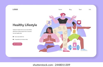 Healthy Lifestyle concept. A vibrant scene of Gen Z engaging in wellness activities, highlighting fitness and mental health. Vector illustration.