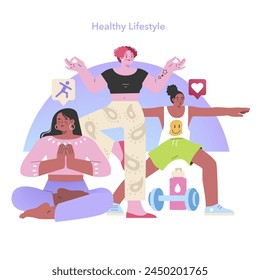 Concepto de estilo de vida saludable. Una escena vibrante de la generación Z dedicada a actividades de bienestar, destacando el fitness y la salud mental. Ilustración vectorial.