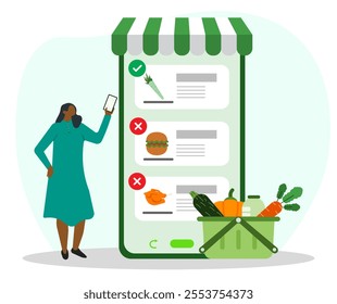 Healthy lifestyle concept. Woman buy healthy food and ignore junk food on online shopping with vegetables and milk on cart. Nutritious food, natural diet. Flat vector illustration. 