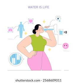 Healthy Lifestyle concept. Woman drinking water to stay hydrated, illustrated benefits for the body and mind. Daily hydration importance for health. Vector illustration.