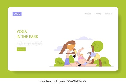 Healthy Lifestyle concept. Women practicing yoga outdoors, connecting with nature, promoting well-being and peace. Vector illustration.