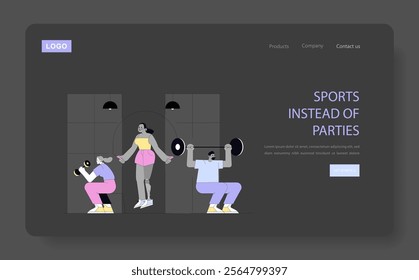 Healthy lifestyle concept. Young adults opting for exercise over partying, promoting fitness and well-being. Web banner design with a call to action. Vector illustration.