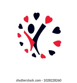 Healthy lifestyle conceptual logotype. Medical rehabilitation abstract symbol. Vector illustration of happy person with raised hands up.