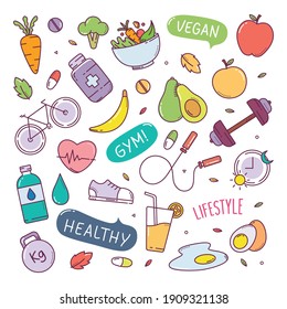 Healthy Lifestyle Cute Doodle Hand Drawn Elements Vector Illustration