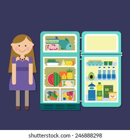 Healthy Lifestyle - cute girl  with refrigerator full of healthy food - diet