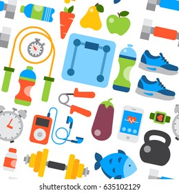 Healthy lifestyle daily eating icons and sport sneakers lifestyle fitnes seamless pattern background vector illustration.