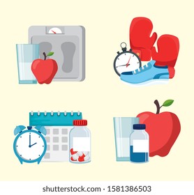 Healthy lifestyle design, Fitness gym bodybuilding bodycare activity exercise and diet theme Vector illustration