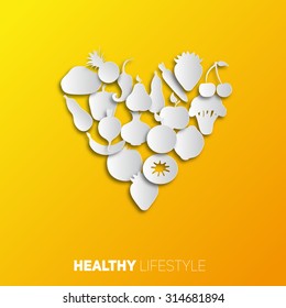 Healthy lifestyle design with fruits and vegetables in heart paper style