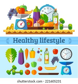 Healthy lifestyle, a healthy diet and daily routine. Vector flat illustration.