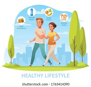 Healthy lifestyle diet exercise getting good sleep cartoon composition with jogging in city park couple vector illustration 