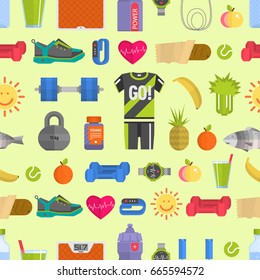 Healthy lifestyle diet icons and sport sneakers lifestyle fitnes seamless pattern background vector illustration