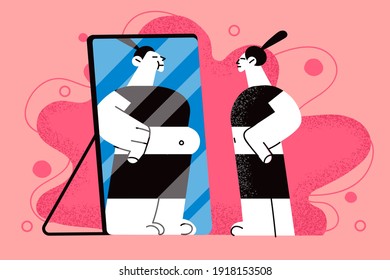 Healthy lifestyle, diet nutrition, fitness concept. Young slim fit woman standing looking at mirror and seeing fat overweight woman thinking she is not enough sportive vector illustration