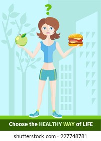 Healthy lifestyle and dieting concept with woman in sportswear choosing between eat green apple or hamburger.