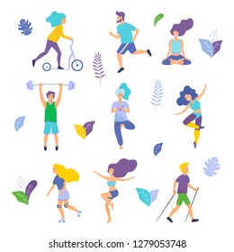 Healthy lifestyle. Different physical activities: running, roller skates, dancing, bodybuilding, yoga, fitness, scooter, nordic walking. Flat vector illustration.