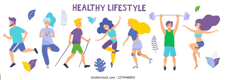 Healthy lifestyle. Different physical activities: running, roller skates, dancing, bodybuilding, yoga, fitness, scooter, nordic walking. Flat vector illustration.