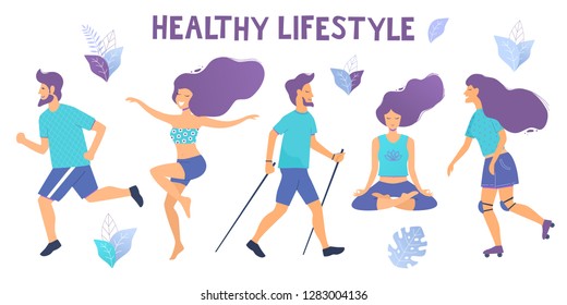 Healthy lifestyle. Different physical activities: running, roller skates, dancing, bodybuilding, yoga, fitness, scooter, nordic walking. Flat vector illustration.