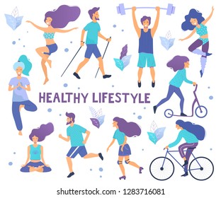 Healthy lifestyle. Different physical activities: running, roller skates, dancing, bodybuilding, yoga, fitness, scooter, nordic walking. Flat vector illustration.