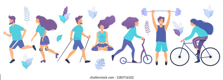 Healthy lifestyle. Different physical activities: running, roller skates, dancing, bodybuilding, yoga, fitness, scooter, nordic walking. Flat vector illustration.