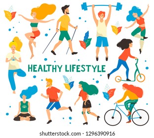 Healthy lifestyle. Different physical activities: running, roller skates, dancing, bodybuilding, yoga, fitness, scooter, nordic walking. Flat vector illustration.