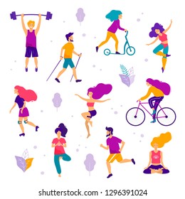 Healthy lifestyle. Different physical activities: running, roller skates, dancing, bodybuilding, yoga, fitness, scooter, nordic walking. Flat vector illustration.