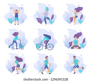 Healthy lifestyle. Different physical activities: running, roller skates, bodybuilding, yoga, fitness, scooter, nordic walking. Flat vector illustration.