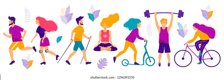 Healthy lifestyle. Different physical activities: running, roller skates, dancing,  yoga, scooter, nordic walking. Flat vector illustration.