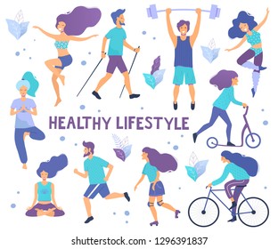 Healthy lifestyle. Different physical activities: running, roller skates, dancing, bodybuilding, yoga, fitness, scooter, nordic walking. Flat vector illustration.