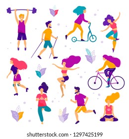 Healthy lifestyle. Different physical activities: running, roller skates, bodybuilding, yoga, fitness, scooter, nordic walking. Flat vector illustration.