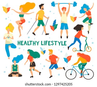 Healthy lifestyle. Different physical activities: running, roller skates, dancing, yoga, fitness, scooter, nordic walking. Flat vector illustration.