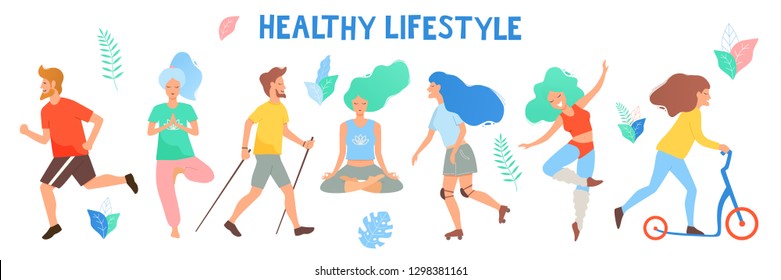 Healthy lifestyle. Different physical activities: running, roller skates, dancing, yoga, fitness, scooter, nordic walking. Flat vector illustration. - Shutterstock ID 1298381161