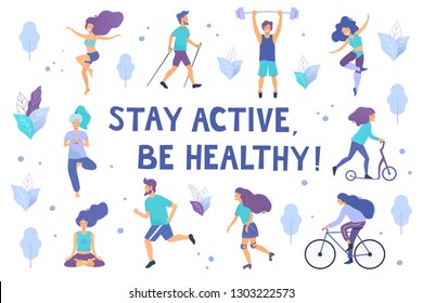 Healthy lifestyle. Different physical activities: running, roller skates, bodybuilding, yoga, fitness, scooter, nordic walking. Flat vector illustration.