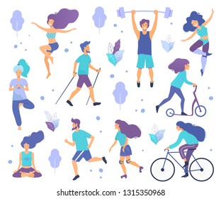 Healthy lifestyle. Different physical activities: running, roller skates, dancing, bodybuilding, yoga, fitness, scooter, nordic walking. Flat vector illustration.