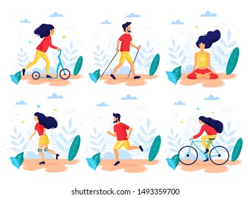 Healthy lifestyle. Different physical activities: kick scooter, nordic walking, meditating, roller skating, cyckling, running. Flat vector illustration.