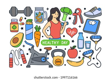 Healthy lifestyle doodle illustration isolated background