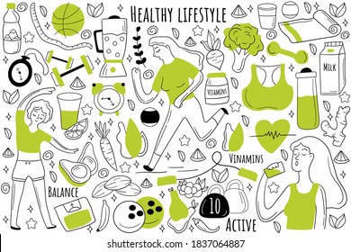 Healthy lifestyle doodle set. Collection of hand drawn sketches patterns templates of people jogging together eating food doing fitness and sport. Healthcare nutrition and meditation illustration