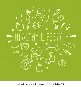 Healthy lifestyle doodle set with title on green background. Vector hand drawn elements including food, sport equipment and health symbols for your design.