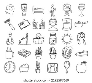 Estilo de vida saludable Juego de iconos del vector Doodle. Línea dibujada a mano en la ilustración del esbozo de dibujo.