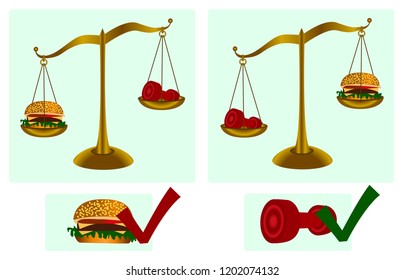 Healthy lifestyle. Dumbbell, hamburger, scales. Fitness. Health. Vector illustration.